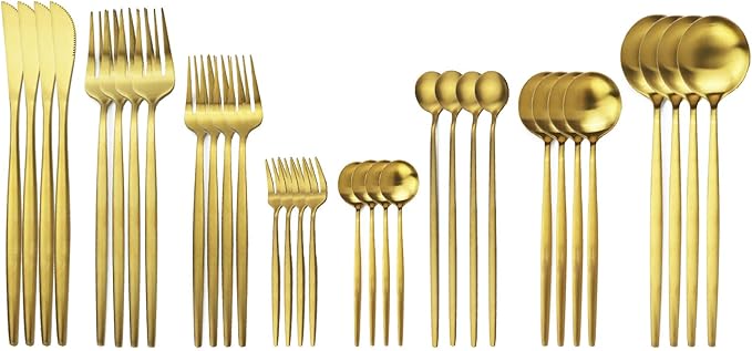 JASHII 32-Piece Tableware Set Stainless Steel Flatware Set with Coffee Spoon Long Handle Spoon Premium Cutlery Service for 4 Satin Finish Utensils for Home (Gold)