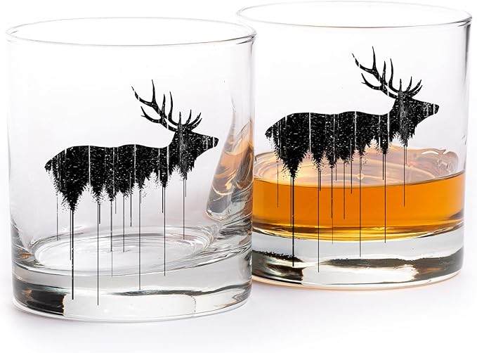 Black Lantern Whiskey Glasses Set of 2 – Elk Above Treeline Design 11oz Old Fashioned Glasses with Gift Box