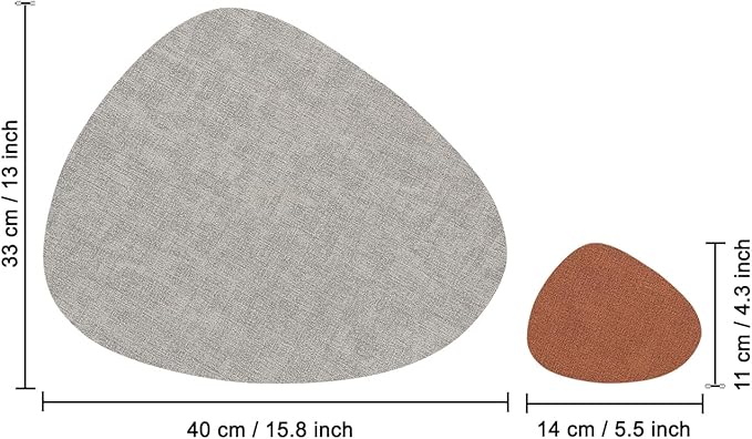 Placemats and Coasters, Washable Placemats Round Faux Leather Wipeable Place Mats Non Slip Heat Resistant Indoor Outdoor Table Mats (Set of 4, Light Gray Reddish Brown)