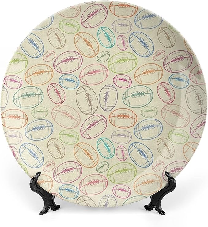 Ceramic Plates, American Football Decorative Ceramic Plates, Grunge Looking Hand Drawn Sports Sketch, 7 Inch, Household Plates Decorative, Multicolor