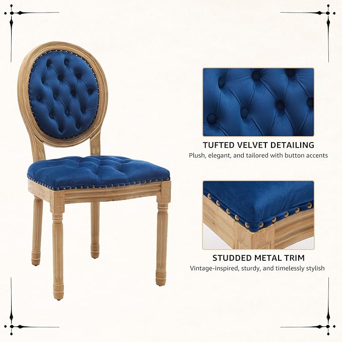 Vintage French Dining Chairs Set of 8, Round Back Velvet Upholstered Accent Chairs with Nailhead Trim and Solid Wood Frame, Elegant Sillas de Comedor for Dining Room & Kitchen, Blue