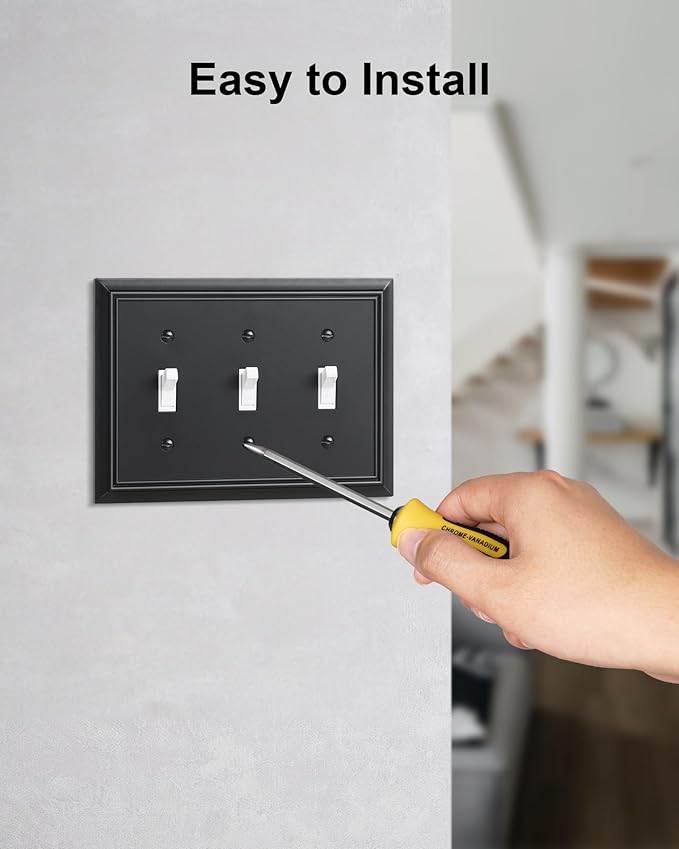2-Pack Triple Toggle Light Switch Cover Plate, Durable Natural Bamboo Fiber Decorative Switch Plate Covers, Matte Black 3 Gang Wall Plate, Corrosion Resistant