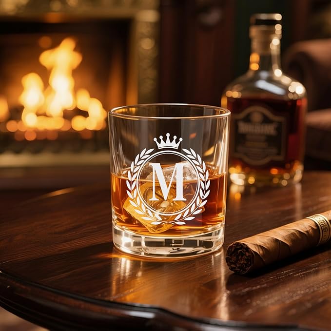 Whiskey Glasses - Rocks Old Fashioned Glass Gifts for Men, Monogrammed A-Z 10oz Personalized Whisky Glasses, Christmas Birthday Gifts for Men Him Dad Father Husband Brother Son (M)