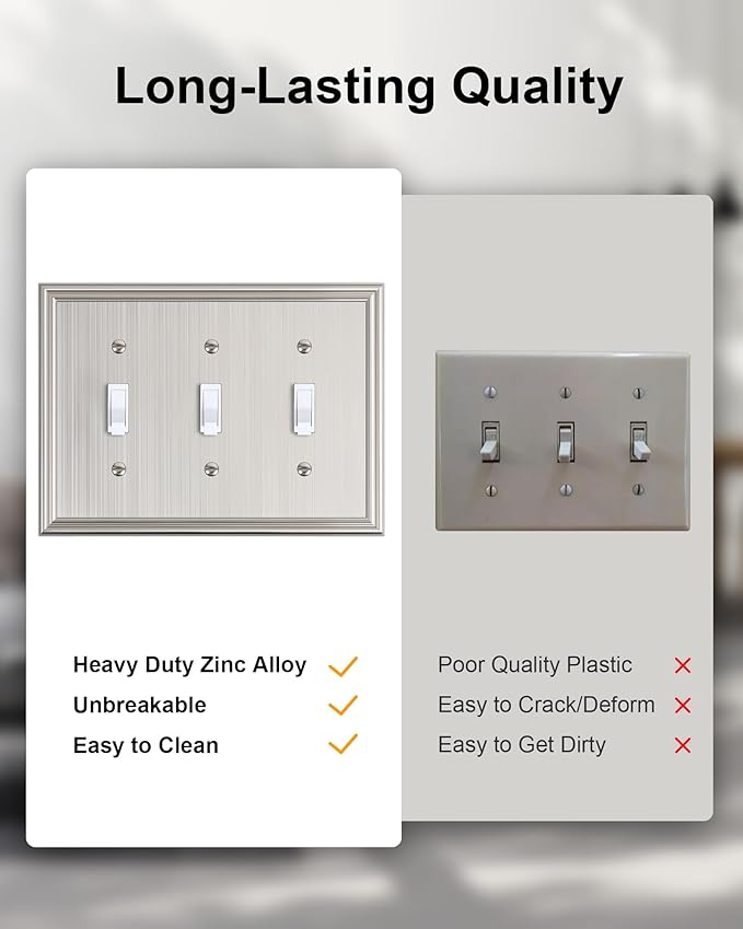 2-Pack Triple Toggle Light Switch Cover Plate, Durable Solid Zinc Alloy Decorative Switch Plate Covers, Brushed Nickel 3 Gang Wall Plate, Corrosion Resistant