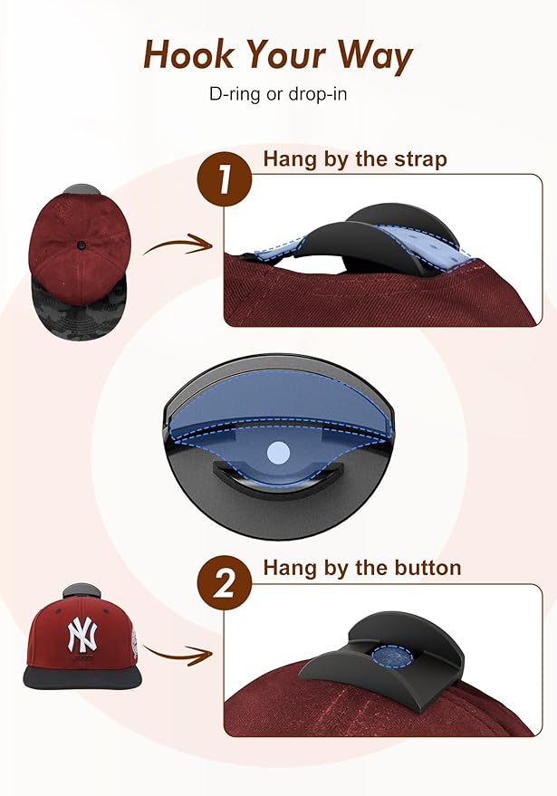 HOUSE DAY Adhesive Hat Hooks for Wall 16 Pack, Strong Hat Rack for Baseball Cap Display Organizer, Hats Holder for Wall, Door, Closet, No Drilling, Black