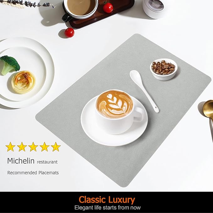Vinyl Placemats Set of 6 Faux Leather 100% Waterproof Wipeable Washable Place Mats Heat Resistant Easy Clean Non-Slip Table Mats for Indoor Outdoor. (6, Light Gray)