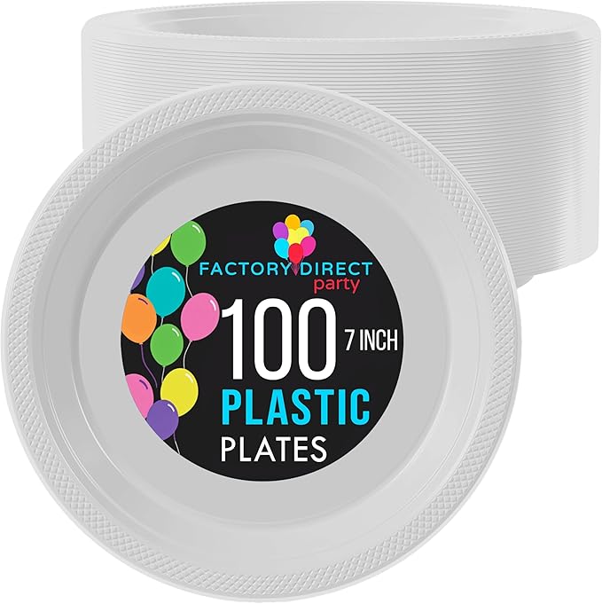 White Plastic Plates For Party 7" White Disposable Plates Heavy Duty 100 Pcs Plastic Dinnerware Sets Heavy Duty 350 GSM Disposable Dinnerware Set