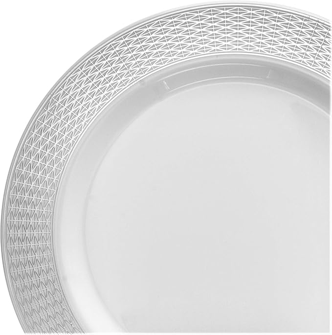 OCCASIONS 240 Plates Pack,(120 Guests) Heavyweight Premium Wedding Party Disposable Plastic Plates Set -120 x 10.5'' Dinner + 120 x 7.5'' Salad/Dessert (Diamond White & Silver)