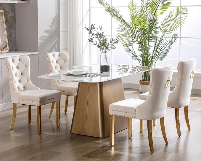 KCC Velvet Dining Chairs Set of 2, Upholstered High-end Tufted Dining Chair with Nailhead Back Ring Pull Trim Stainless Steel Legs, Contemporary Nikki Collection Modern Style for Kitchen, Beige