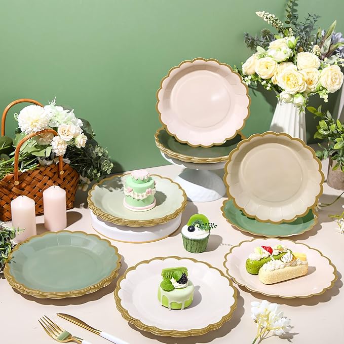 96 Pcs Sage Green Paper Plates 9 Inch Gradient Scalloped Paper Disposable Dinner Dessert Plates for Birthday Wedding Bridal Party Supplies, 6 Colors