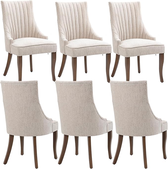 mikibama Linen Dining Chairs Set of 6 Channel Tufted Kitchen Dinner Chair Comfy Fabric Upholstered Accent Chair for Dining Room with Solid Wood Legs (Beige 6pc)