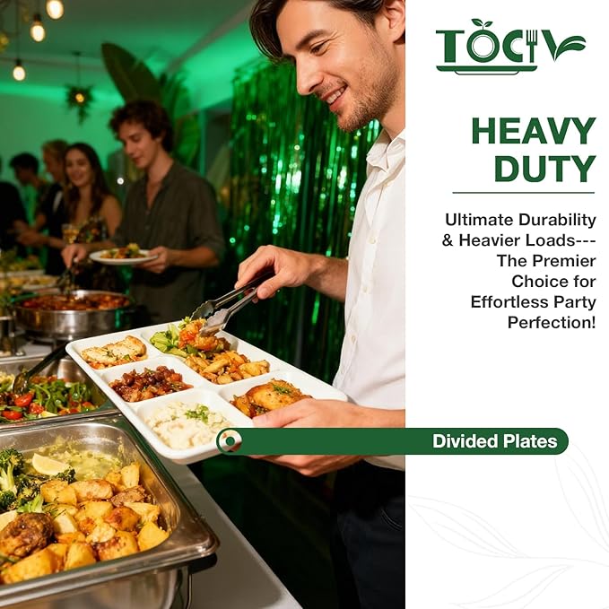 5 Compartment Paper Plates 12.5 x 8.6 inch 80- Count Compostable Disposable Divided Dinner Sectional Plates for Adults Heavy Duty Lunch Party Food Serving Trays with Dividers