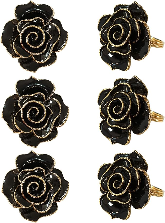 Black Napkin Rings Set of 6,Flower Rose Napkin Holder Rings Buckles,Bloom Napkin Holders Set for Table Decoration Wedding Valentine’s Christmas Easter Dinner Party