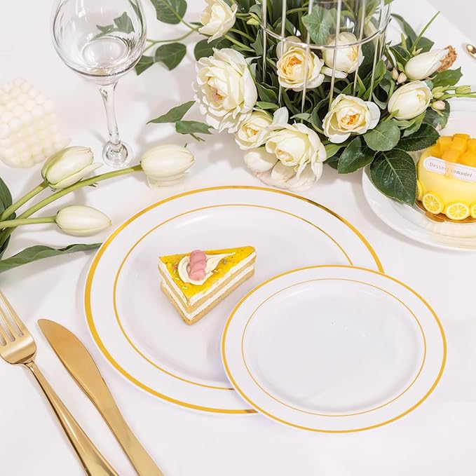 NOCCUR 200PCS Gold Plastic Plates - 100 Dinner / 100 Dessert Disposable Plates Heavy Duty - Ideal for Wedding/Party/New Year