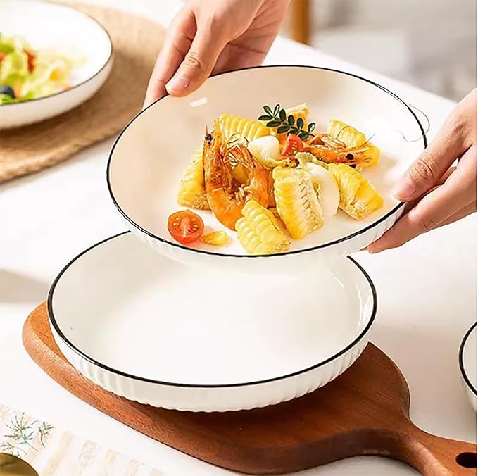 Ceramics Pasta Bowls, 6 Pack 8 inches 20 Oz Large Salad Serving Bowls, Shallow Salad Bowls,ceramics Deep Plates,Microwave Dishwasher Safe,White (vertical stripe)
