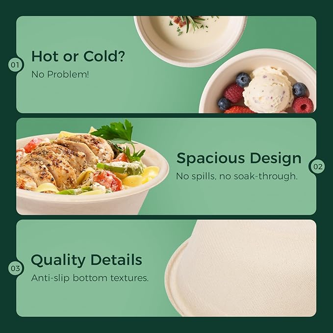50-Pack 24oz Round Disposable Bowls with Lids - 100% Sugarcane Fiber, Paper Round Bowls for Soup, Salad, Ramen, Popcorn