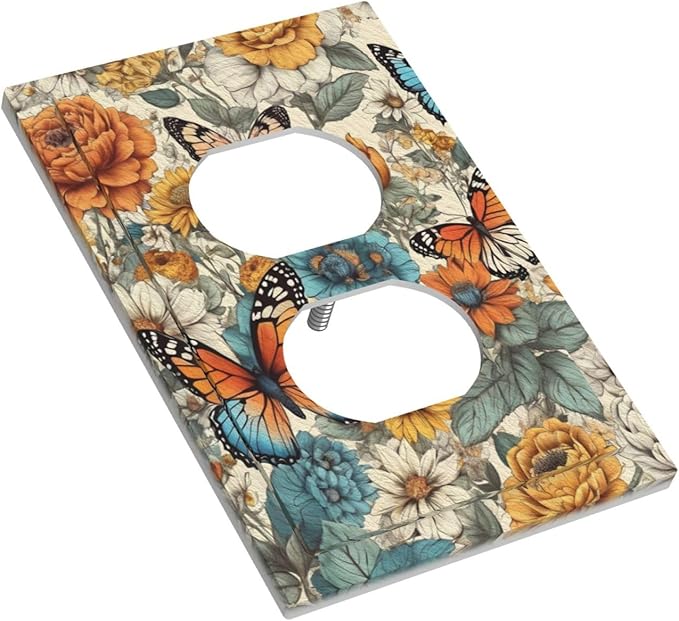 Outlet Covers Vintage Colorful Floral Butterfly Flowers 1 Gang Duplex Light Switch Cover Plate Decorative Wall Plates Electrical Switchplate Receptacle for Bathroom Bedroom Decor（2 Pack）