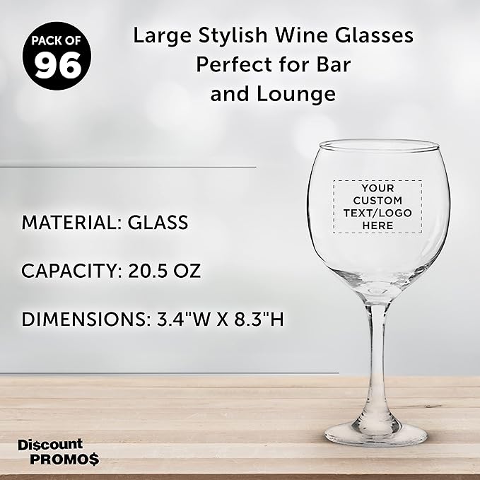 Custom Premiere Wedding Wine Glasses 20.5 oz Set of 96, Personalized Bulk Pack - Restaurant Glassware, Perfect for Red Wine or White Wine - Clear