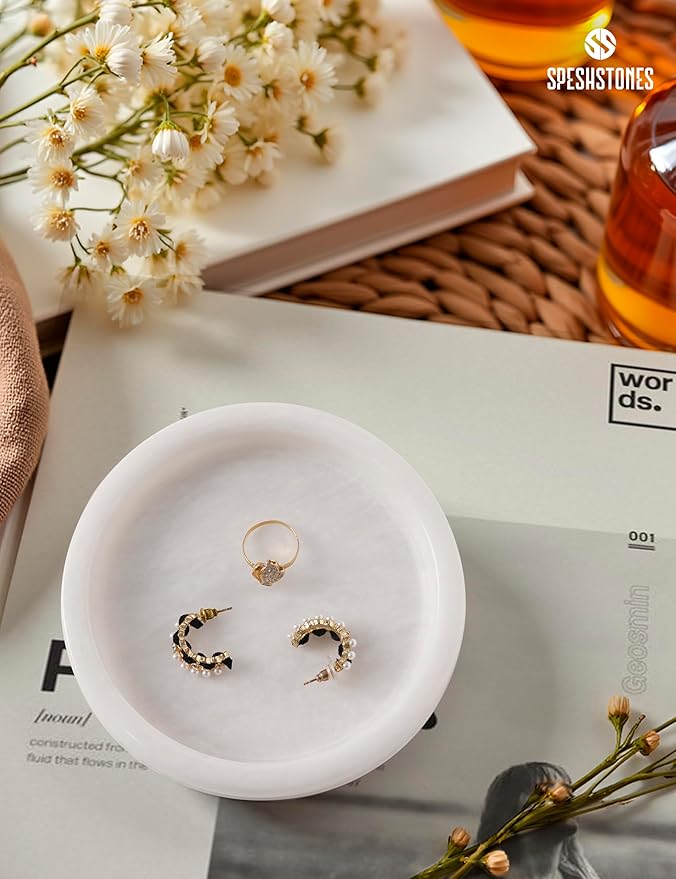 Marble Jewelry Dish 5 Inch Handmade White Jewelry Tray for Vanity Decor - Stone Trinket Dish, Marble Ring Holder, Candle Plate, Key Bowl for Entryway Table