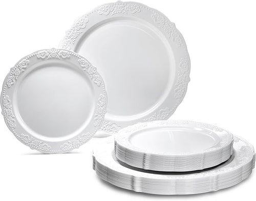 " OCCASIONS " 50 Plates Pack (25 Guests) Vintage Wedding Party Disposable Plastic Plate Set -25x10.25'' Dinner +25x7.5'' Salad/Dessert plates (Portofino Plain White)