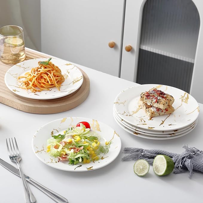 6-Piece Ceramic Plates Set - 8 Inch White Marble-Pattern Appetizer & Dessert Plates with Gold Rim, Microwave and Dishwasher Safe