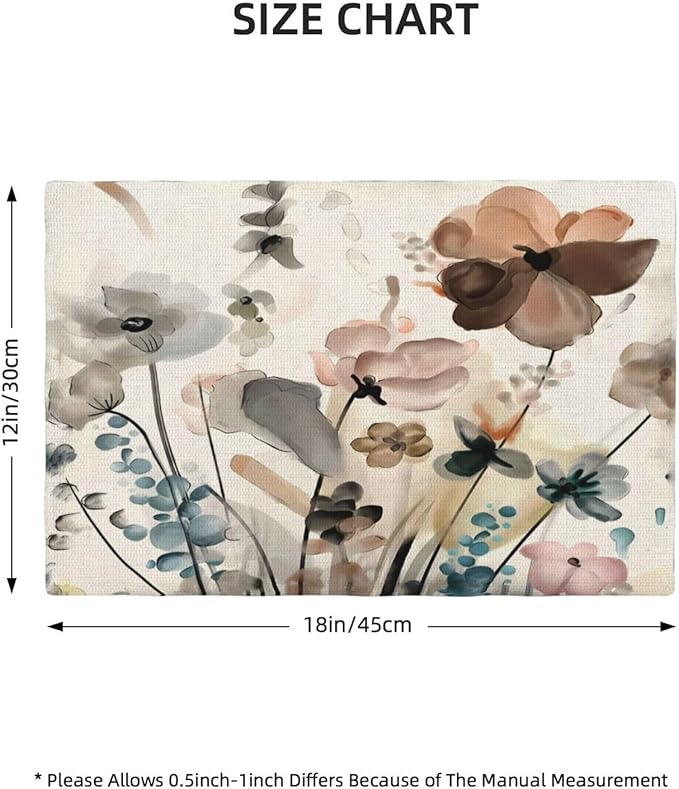 Floral Placemats 12x18 Inches Set of 4, Spring Summer Blue Brown Flower Decorative Rectangle Linen Table Mats for Party Home Kitchen Dining Table Decoration