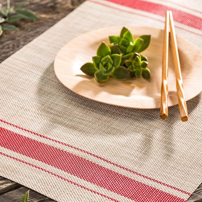 Restaurantware French Countryside 16 x 12 Inch Dining Table Placemats Set Of 6 Heat-Tolerant Kitchen Table Mats - Red Stripe No Stain Khaki Vinyl Woven Rectangle Placemats Easy To Clean