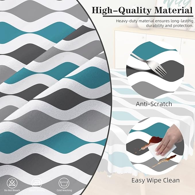 Laeacco 24 Inch Geometric Round Tablecloth Blue and Grey Waved Stripes Modern Abstract Art Print Table Cloth Washable Waterproof Wrinkle Free Table Cover for Kitchen Dining Picnic Party Decoration