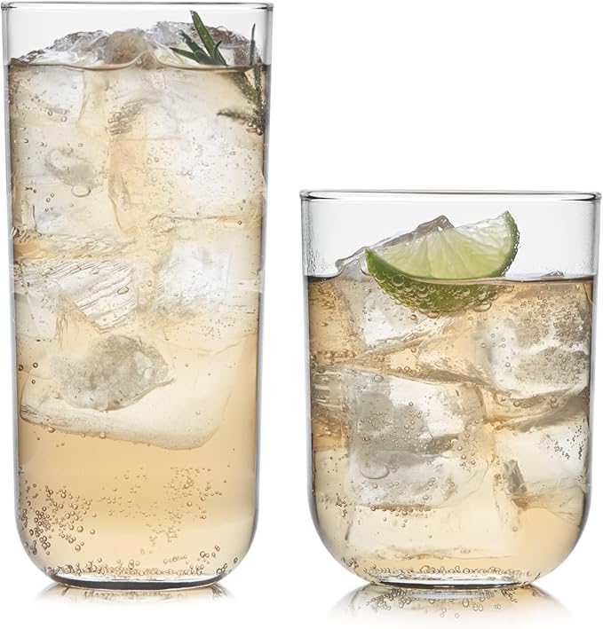 Libbey Polaris Tumbler and Rocks, Axis Glass Cups Set of 16, Elegant Mixed Drinking Glasses with Modern Clean Lines, Dishwasher Safe Glassware Set