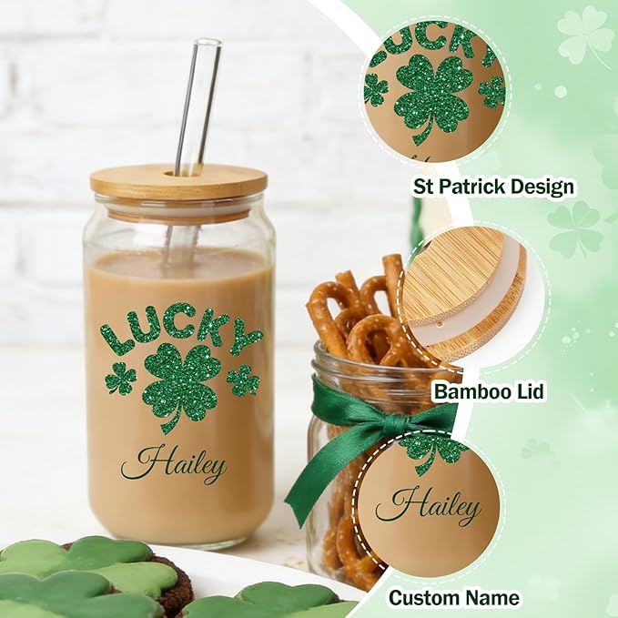 Mason Life St Patrick's Day Personalized Glass Tumbler, 18 OZ Cute Glass Cup with Lid and Straw, Lucky Clover Beer Can Glass, Personalized St.Patrick's Day Gift for Women Girls