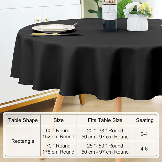 Smiry Round Table Cloth, Waterproof Anti-Scratch Polyester Tablecloth, Decorative Washable Fabric Table Cover for Dining, Buffet, Parties and Outdoor, 60x60, Black