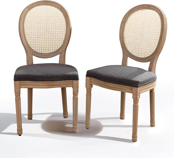 SoarFlash French Dining Chairs Set of 2, Vantage Dining Chair with Round Back, Wood Leg Farmhouse Country Rattan Dining Chair for Kitchen,Bedroom,Deep Grey