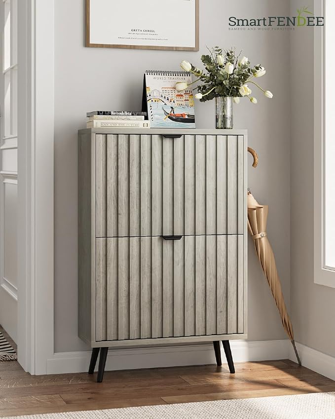 Shoe Storage Cabinet, Fluted Shoe Cabinet for Entryway, Grey Hidden Storage with Metal Legs, Flip Doors