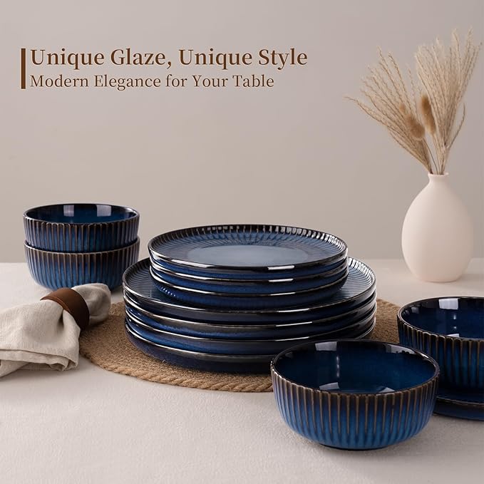 Famiware Starlight Plates and Bowls Dishes Set of 4 (12 Pieces), Ribbed Textured Stoneware Dinnerware Sets- Dishwasher & Microwave Safe, Chip & Scratch Resistant, Starry Blue