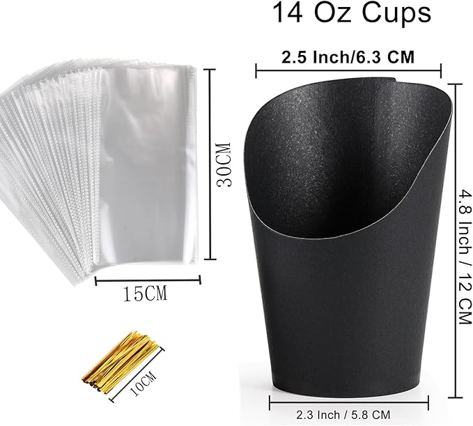 Disposable Charcuterie Cups 120 PCS with 200PCS Sticks and 120PCS Bags, 14 oz Kraft Paper Snack Boxes Appetizers Cup French Fry Holder with Cocktail Skewers Toothpicks Tooth Picks, Black