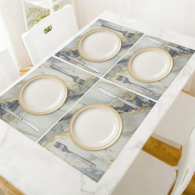 Marble Linen Placemats Set of 2, Modern Abstract Foil Texture White Grey Gold Marble Washable Place Mats, Non Slip Placemat for Home Party Dining Tables Wedding Kitchen Banquets Decor 12x17 Inch