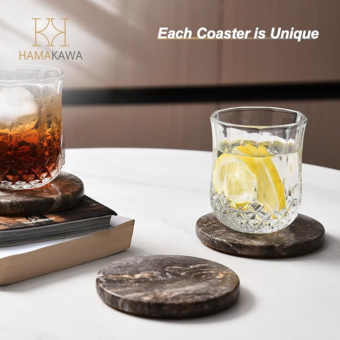 Natural Travertine Marble Coasters Set of 4, Round Gray Stone 4 Inch, Modern Drink Coasters for Home Decor, Coffee Table, Office