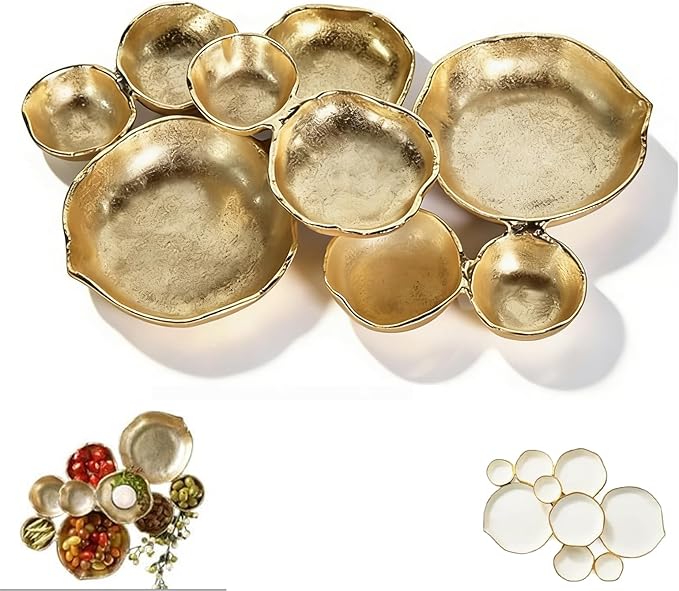 Cluster Serving Tray for Charcuterie – 9 Piece Decorative Bowls Set for Entertaining, Elegant Appetizer Platter with Connected Snack Bowls, Modern Luxury Centerpiece (Gold)