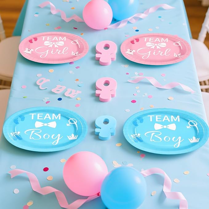 Grencian 50Pcs Gender Reveal Party Supplies 10" x 12" Large Heavy Duty Gender Reveal Oval Paper Plates Disposable Blue or Pink Boy or Girl Dessert Plates for Birthday Baby Shower Party Decor