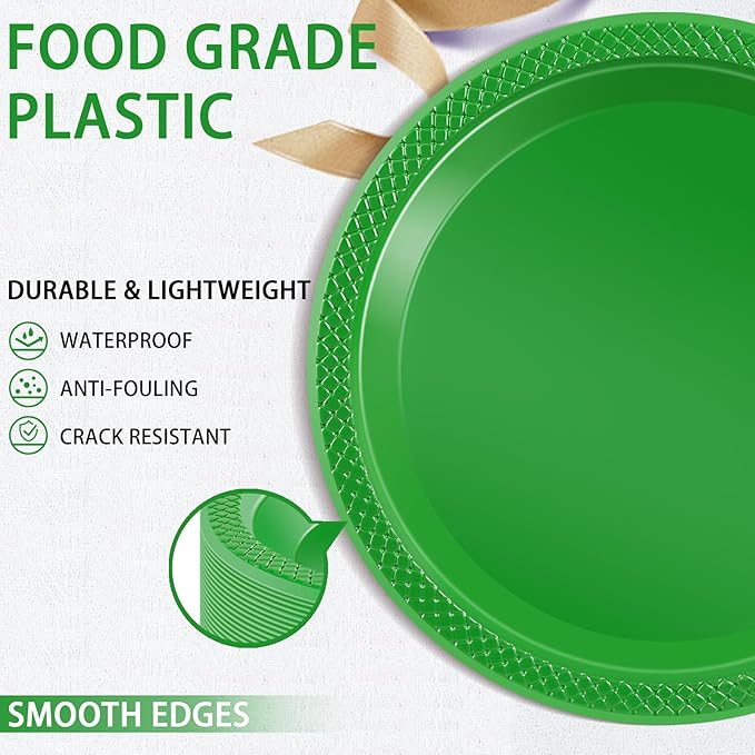 WELLIFE Green Party Plates 7 Inch -150 Count, Plastic Disposable Dessert Plates for New Year Party St. Patrick's Day Easter Cake Appetizers Salad