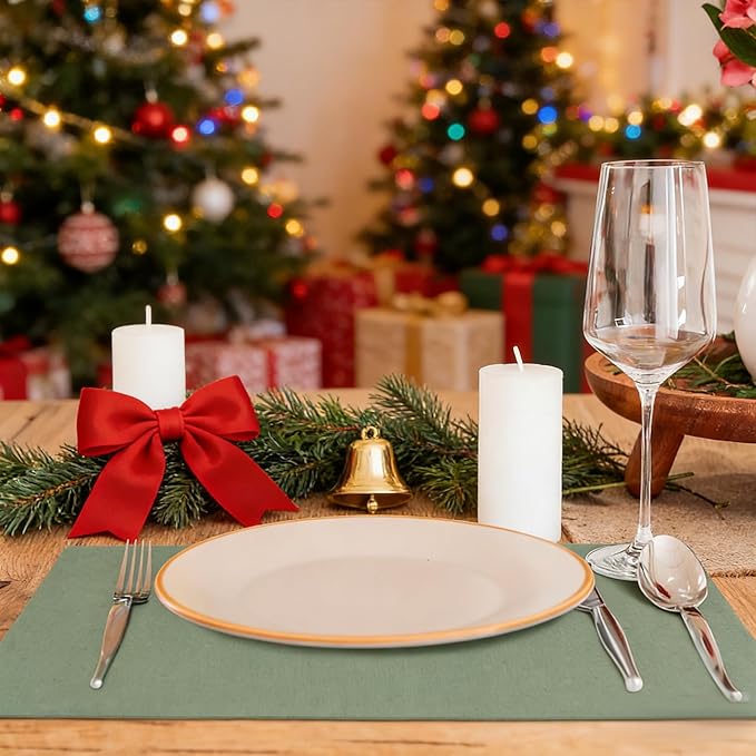 MANSPHIL Sage Green Cloth Placemats Set of 6, Double Layer Faux Linen Place Mats Heat Resistant Washable Table Mats for Dining Kitchen, 13x19 Inch