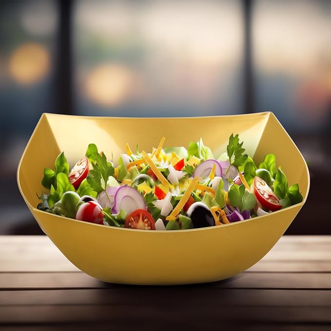 Sliner 100 Pcs Square Plastic Bowls Plastic Serving Bowls Disposable Chip Containers for Parties Snack Fruit Candy Containers for Candy Buffet Salad Bar Buffet Party Supplies(Gold,16 oz)