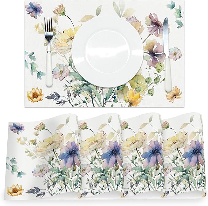 AOFOTO Floral Placemats Set of 4 Watercolor Blue Yellow Flower Green Leaves Printed Place Mats Rectangular Artistic Table Mats for Party Home Kitchen Restaurant Dining Table Decor 12x18 Inch