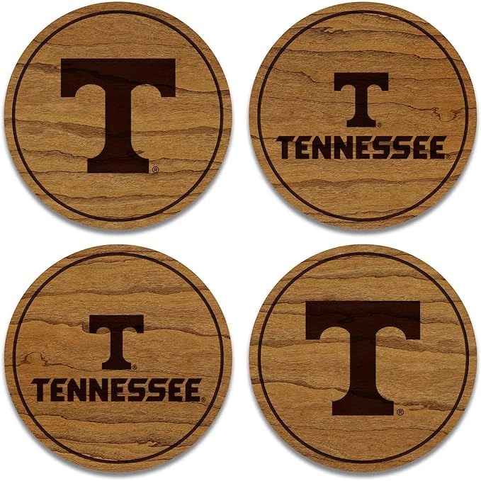 LazerEdge Tennessee Volunteers Wooden Coaster Set - Cherry Wood - Officially Licensed Product - 4-Pack