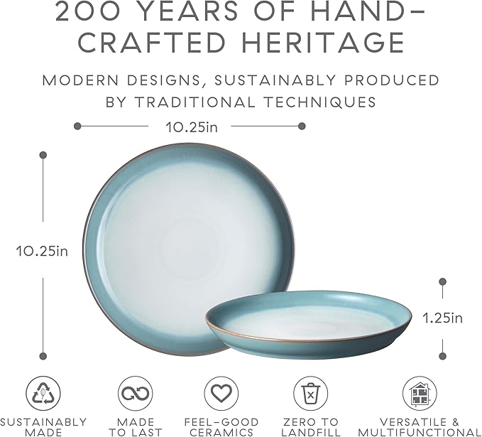 Denby - Azure Haze Coupe Dinner Plates Set of 6-10.25 Inch - Dishwasher Microwave Oven Safe - Reactive Blue Teal Glaze Large Ceramic Stoneware Plates - Scratch Chip Resistant