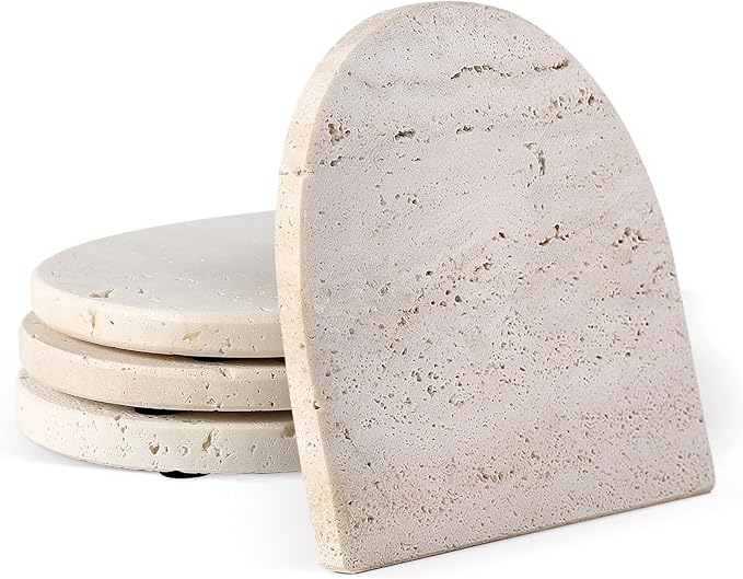 Koville Travertine Coaster Set of 4, Natural Marble Coasters for Drinks, 4" Stone Coasters Modern Arch Shape Heat Resistant, Decorative Marble Coaster for Table Home Decor(Beige)