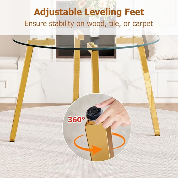 42" Round Glass Dining Table Set for 4,Modern Breakfast Table Set for 4 with Luxury Gold Chrome Legs,Space Saving Kitchen Table and White Chairs for Apartment,Easy Assembly