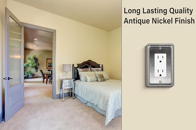 Henne Bery Rope Edge Decorative Wall Plate Switch Plate Outlet Cover (Single Decorator, 2 Pack, Heirloom Silver)
