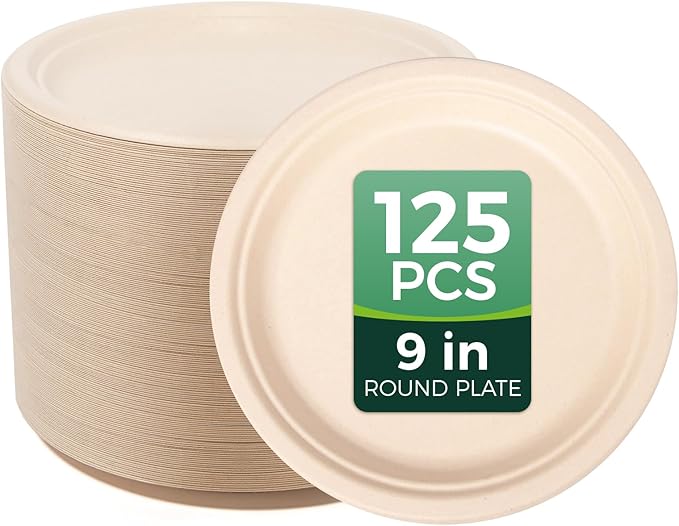 100% Compostable Plates - Disposable, Heavy Duty, Biodegradable, Eco-Friendly (Natural, 9 inch, 125-Count)