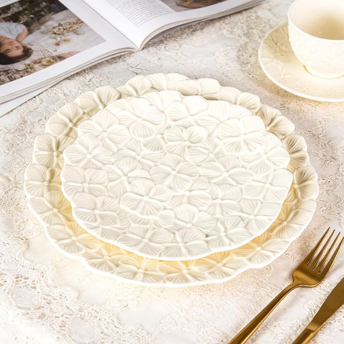 KAMMAK Ceramic Decorative Plate Set of 2, Porcelain Plates for Kitchen Dining Room Wine Cabinet Home Decor, Vintage Collector Plates with 2 Display Stand, Cream-Yellow Flowers (8-inch + 10-inch)